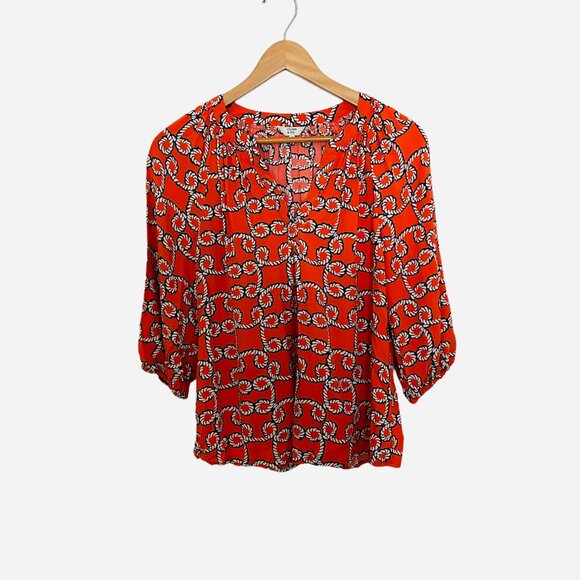 Crown and Ivy Womens Orange Rope Print V Neck Blouse Top Size M Nautical Rayon - Picture 1 of 5